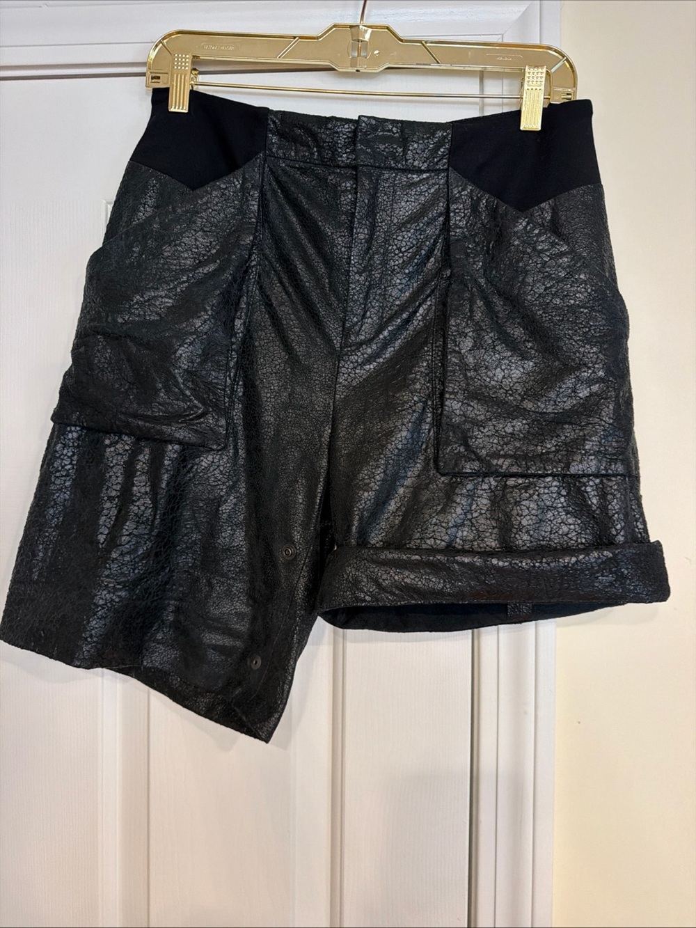 Helmut Lang vintage black crackle lamb leather shorts Adjustable length sz 4